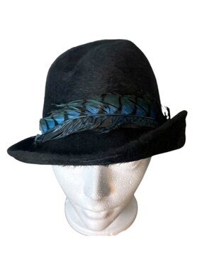 MR FREDERICKS YOUNG MODES Vintage Black Furry Felt Robin Hood Hat Fedora Feather